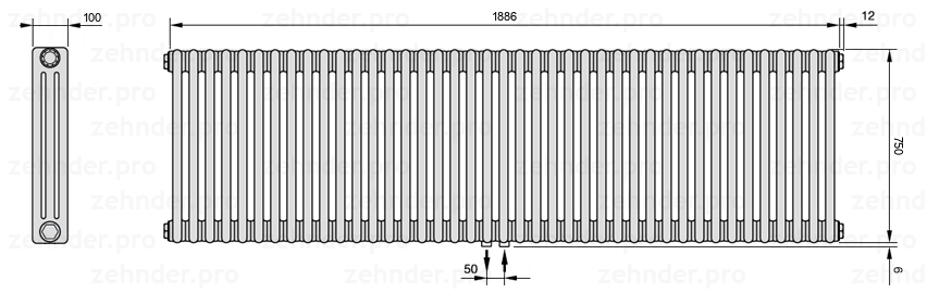 Схема (чертеж) Радиатор Zehnder Charleston 3075/41 №5410 Белый глянцевый RAL 9016
